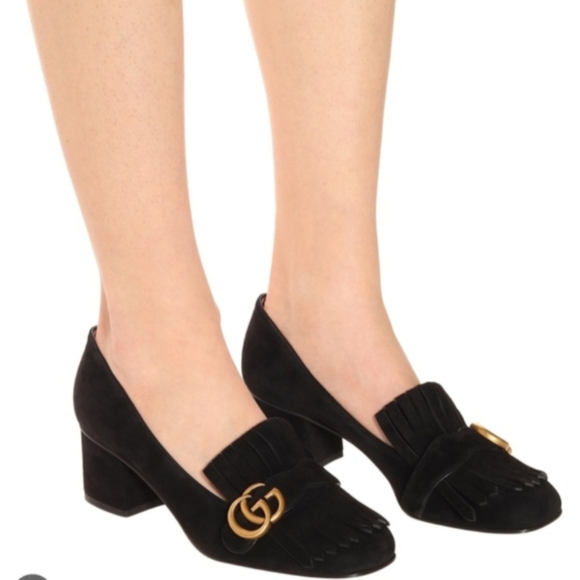 Gucci Marmont Black Suede Fringe GG Block Heel Loafers Size EU 37.5 - Picture 11 of 13
